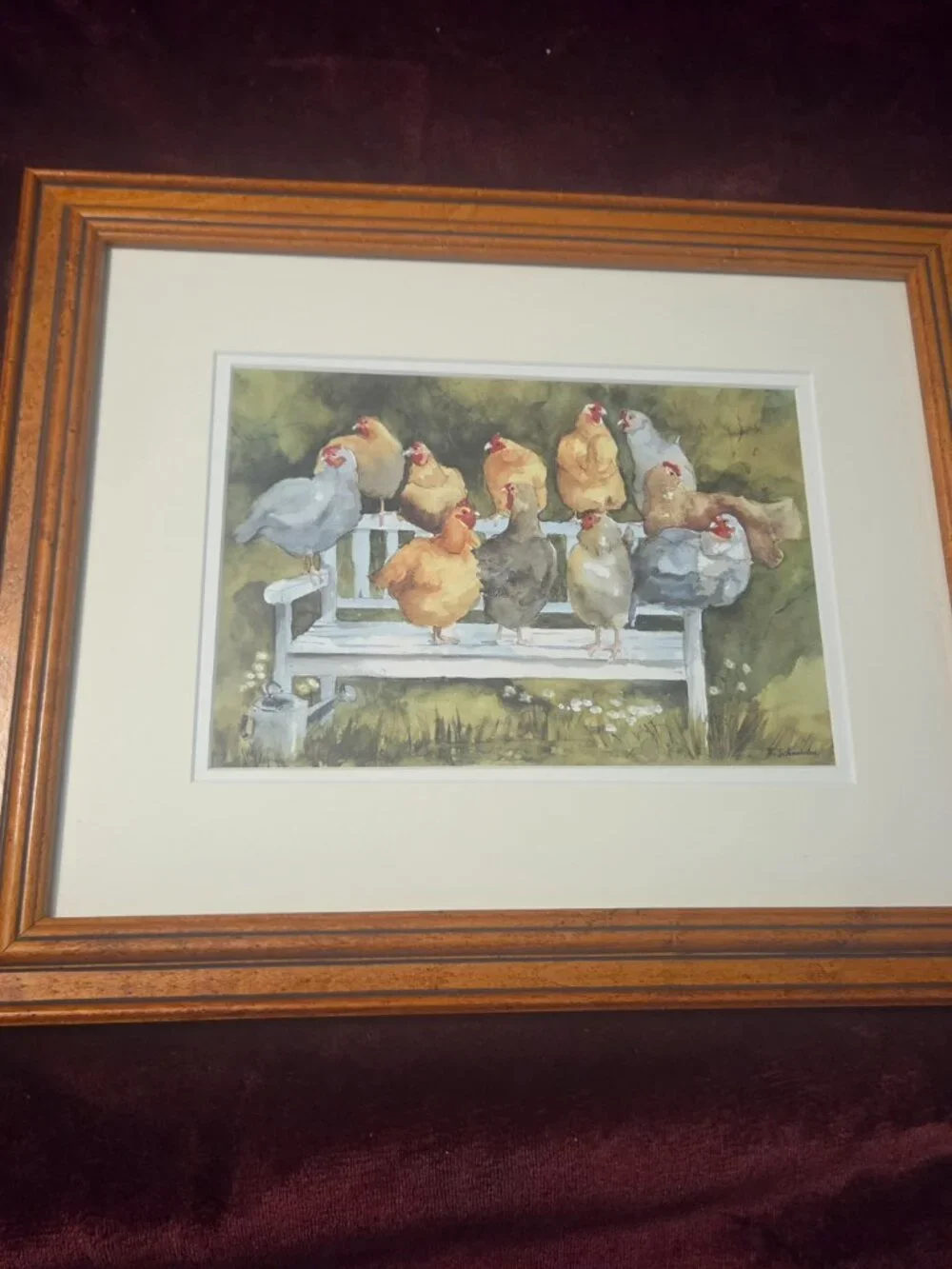 rustic watercolor painting with a line of colorful chickens perched together